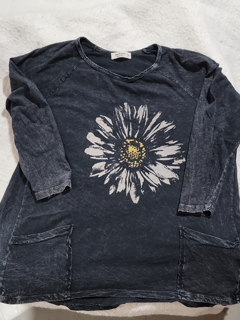 Washed Navy Daisy Pocket Tunic - Long Sleeve